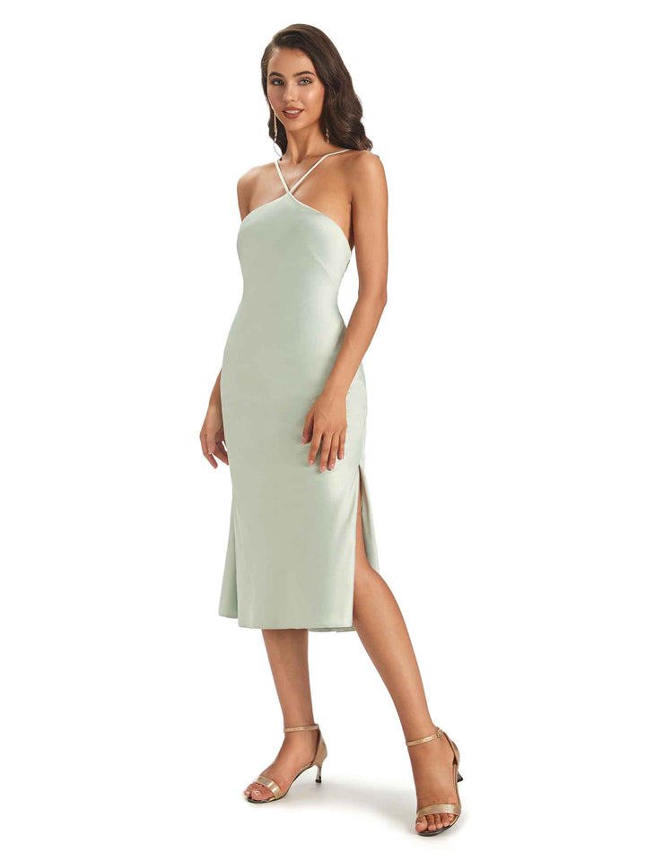Sexy Soft Satin Side Slit Spaghetti Straps Midi Short Bridesmaid Dresses Online