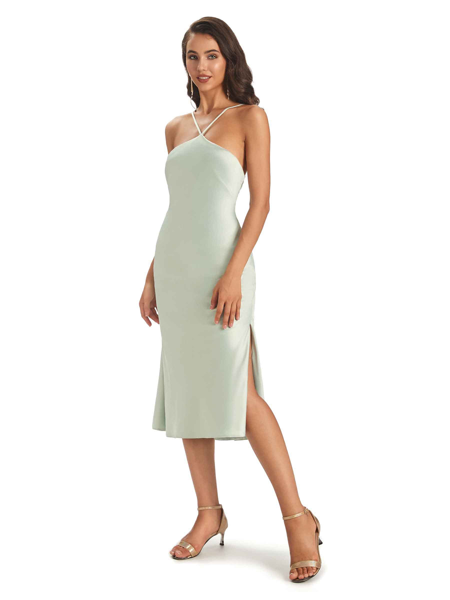 Sexy Soft Satin Side Slit Spaghetti Straps Midi Short Bridesmaid Dresses Online