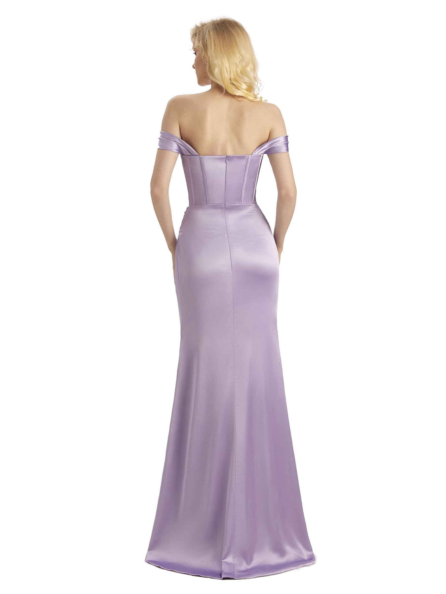Sexy Soft Satin Side Slit Off The Shoulder Mermaid Long Bridesmaid Dresses Online