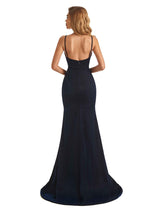 Sexy Mermaid Dark Navy Spaghetti Straps Sparkly Long Party Prom Dresses