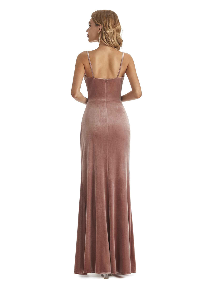 Elegant Mermaid Spaghetti Straps V-Neck Velvet Side Slit Long Bridesmaid Dresses