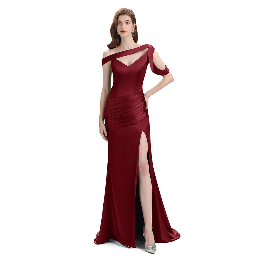 Unique Mismatched Side Slit Soft Satin Cheap Mermaid Burgundy Maid Of Honor Dresses