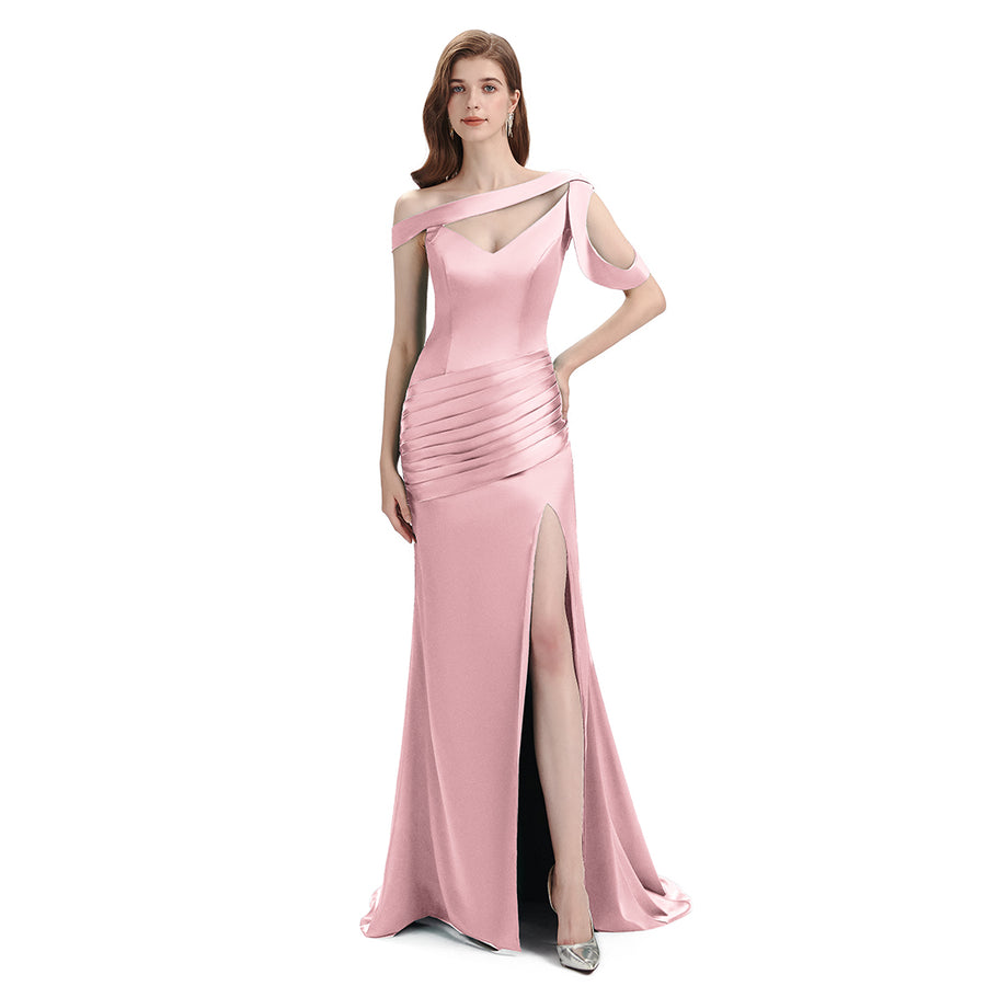 Sexy Side Slit Mismatched Blush Pink Soft Satin Mermaid Long Bridesmaid Dresses