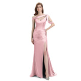 Sexy Side Slit Mismatched Blush Pink Soft Satin Mermaid Long Bridesmaid Dresses Sale