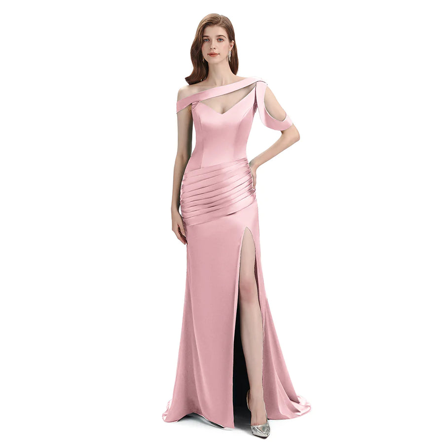 Sexy Side Slit Mismatched Blush Pink Soft Satin Mermaid Long Bridesmaid Dresses Sale