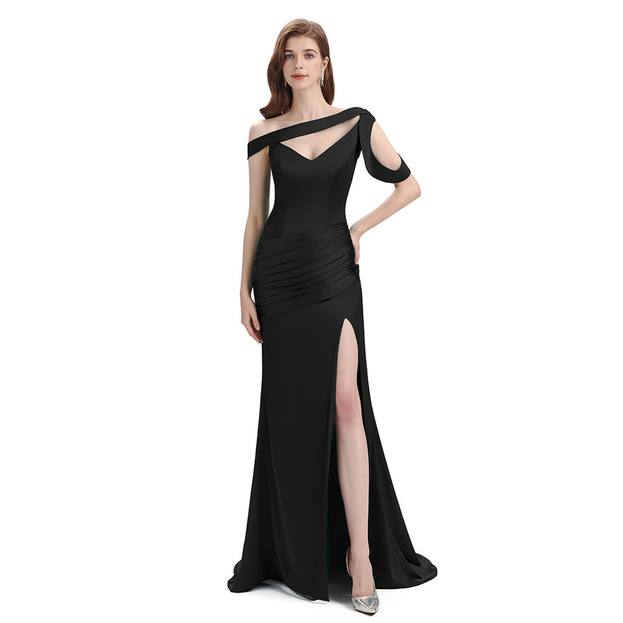 Sexy Mismatched Side Slit Soft Satin Long Mermaid Black Bridesmaid Dresses