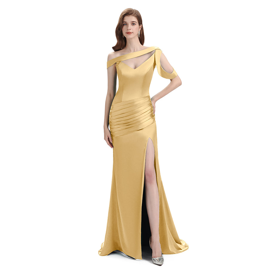 Sexy Side Slit Mismatched Soft Satin Mermaid Long Gold Bridesmaid Dresses