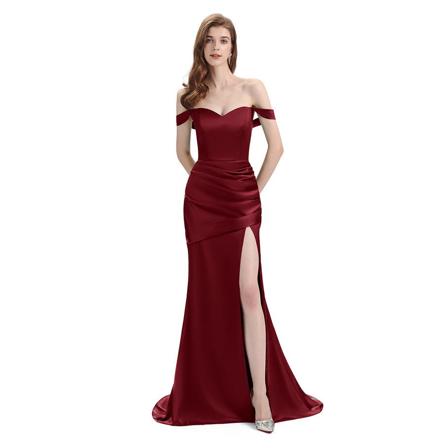 Unique Mismatched Side Slit Soft Satin Cheap Mermaid Burgundy Maid Of Honor Dresses