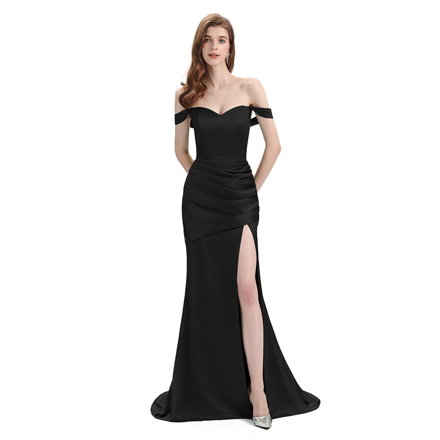 Sexy Mismatched Side Slit Soft Satin Long Mermaid Black Bridesmaid Dresses