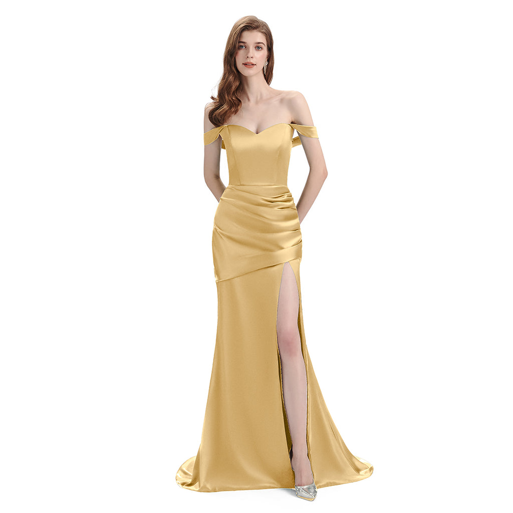 Sexy Side Slit Mismatched Soft Satin Mermaid Long Gold Bridesmaid Dresses
