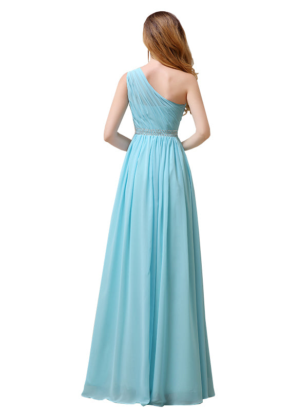 Elegant One Shoulder A-line Beaded Chiffon Long Bridesmaid Dresses