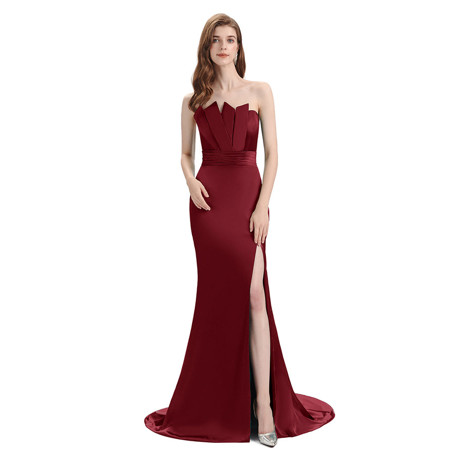 Unique Mismatched Side Slit Soft Satin Cheap Mermaid Burgundy Maid Of Honor Dresses