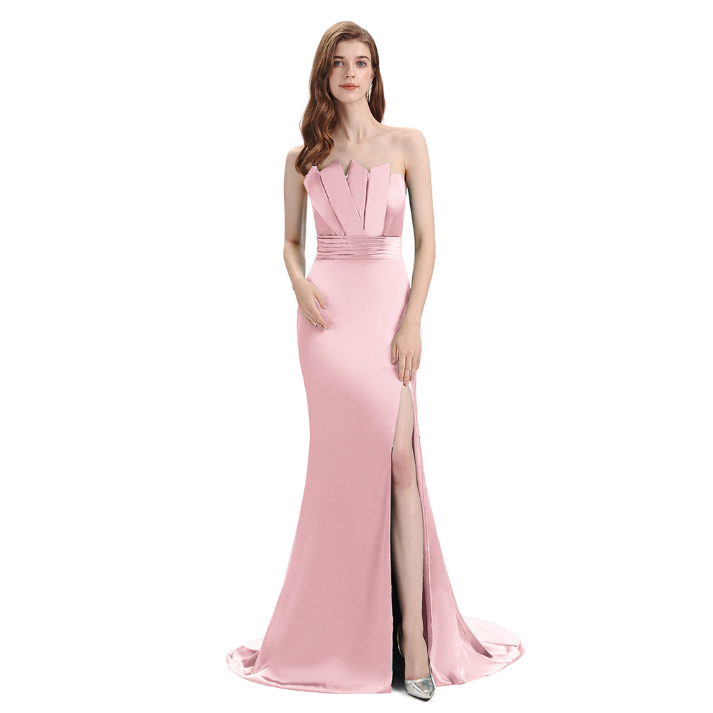 Sexy Side Slit Mismatched Blush Pink Soft Satin Mermaid Long Bridesmaid Dresses