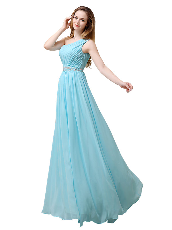 Elegant One Shoulder A-line Beaded Chiffon Long Bridesmaid Dresses