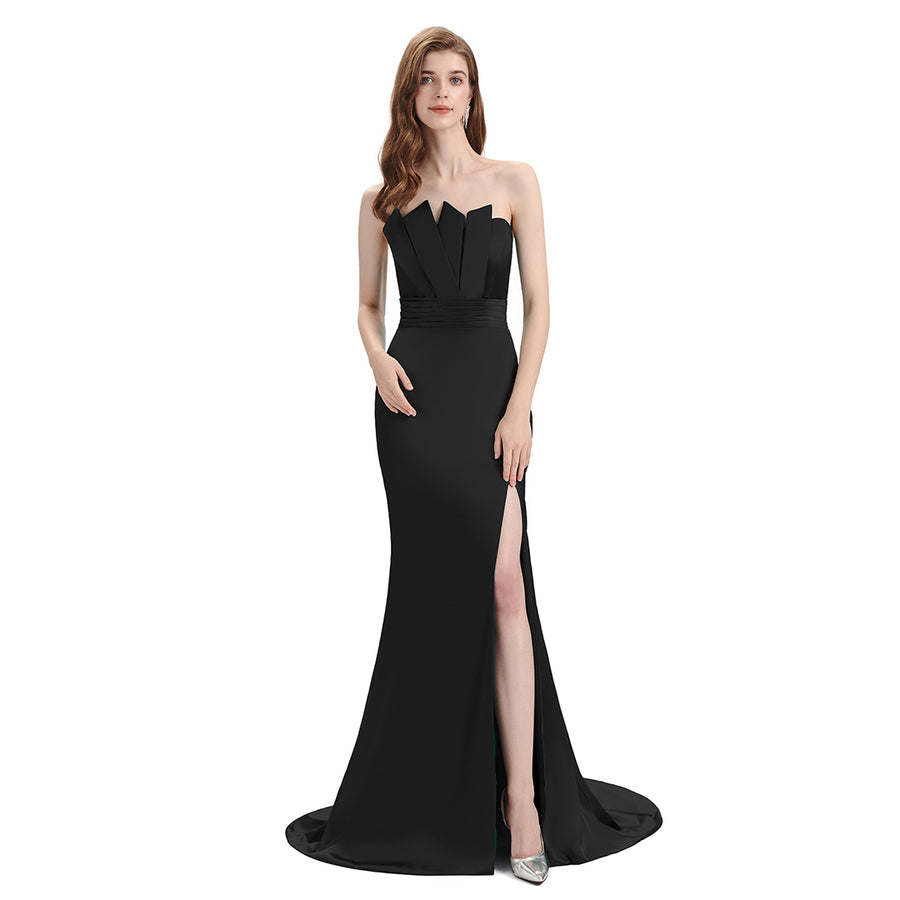 Sexy Mismatched Side Slit Soft Satin Long Mermaid Black Bridesmaid Dresses