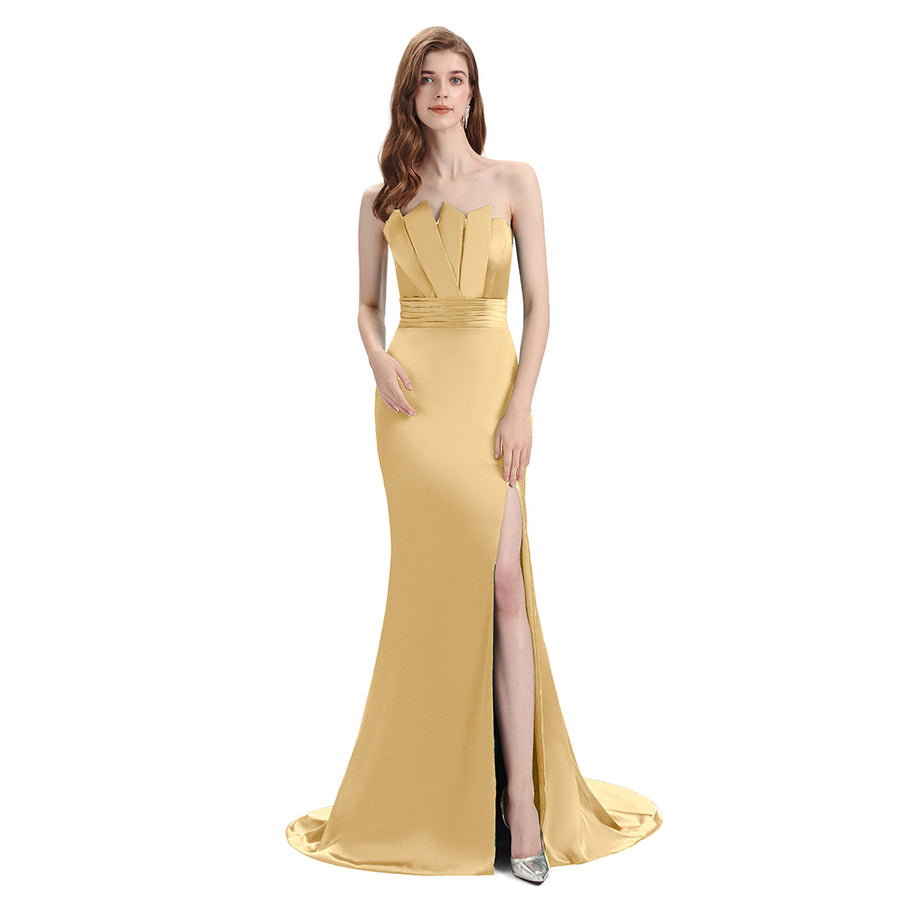 Sexy Side Slit Mismatched Soft Satin Mermaid Long Gold Bridesmaid Dresses