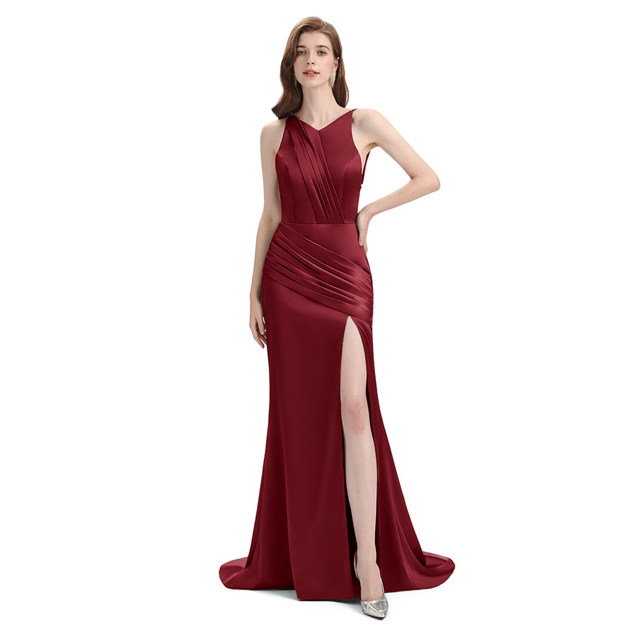 Unique Mismatched Side Slit Soft Satin Cheap Mermaid Burgundy Maid Of Honor Dresses