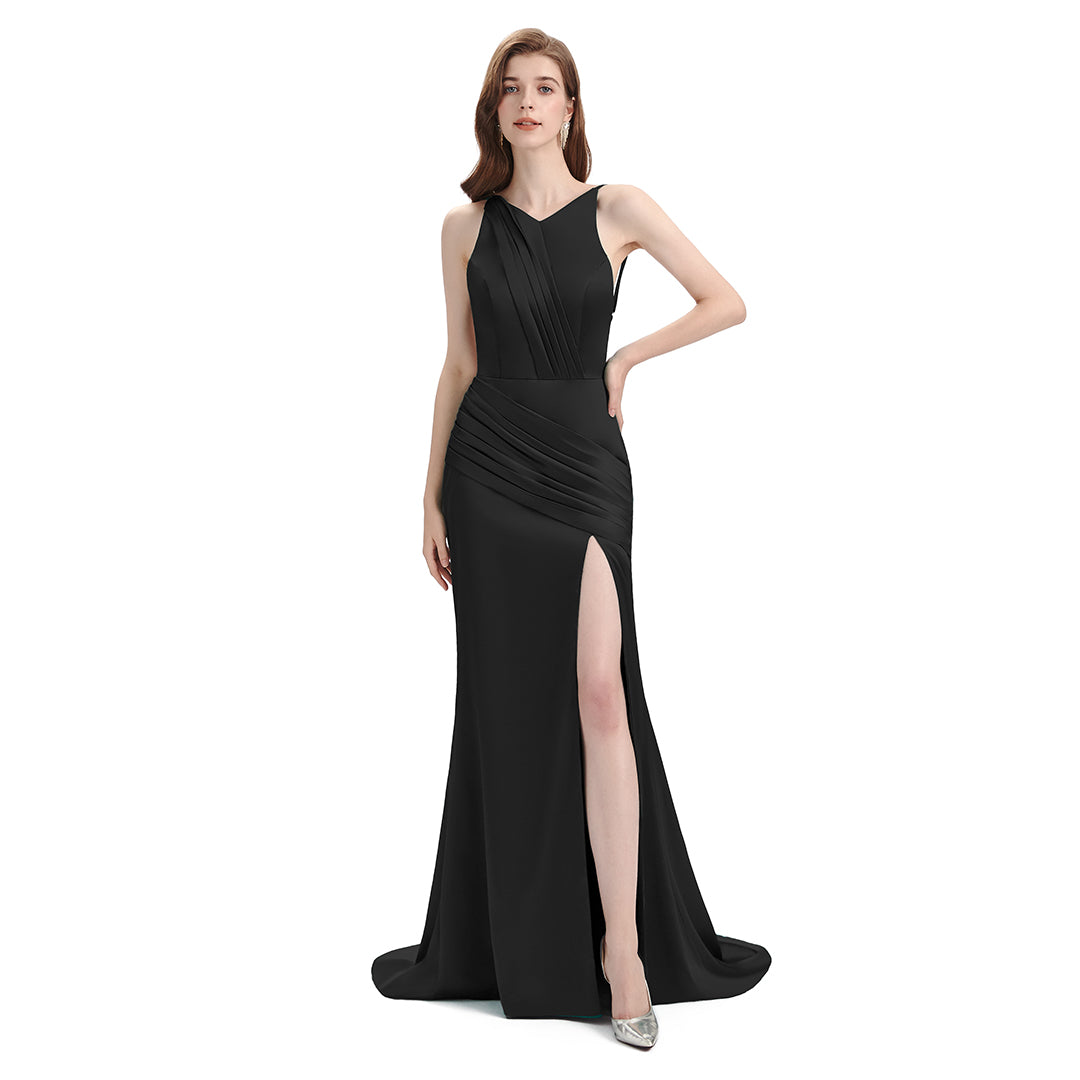 Sexy Mismatched Side Slit Soft Satin Long Mermaid Black Bridesmaid Dresses