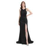 Sexy Mismatched Side Slit Soft Satin Long Mermaid Black Bridesmaid Dresses