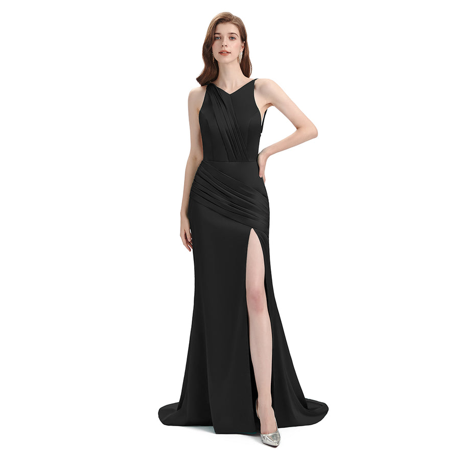 Sexy Mismatched Side Slit Soft Satin Long Mermaid Black Bridesmaid Dresses
