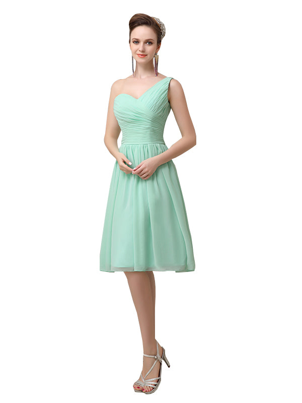 A-line Chiffon One Shoulder Knee-Length Short Bridesmaid Dresses