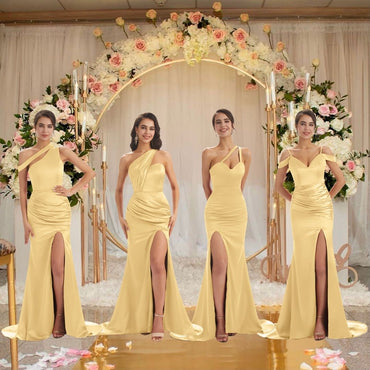Sexy Chic Silky Mismatched Gold Soft Satin Mermaid Long Bridesmaid Dresses Online