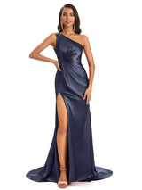 Mismatched Navy Sexy Mermaid Side Slit Soft Satin Long Bridesmaid Dresses Online