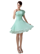 Popular A-line Chiffon One Shoulder Ruffle Sleeves Short Bridesmaid Dresses