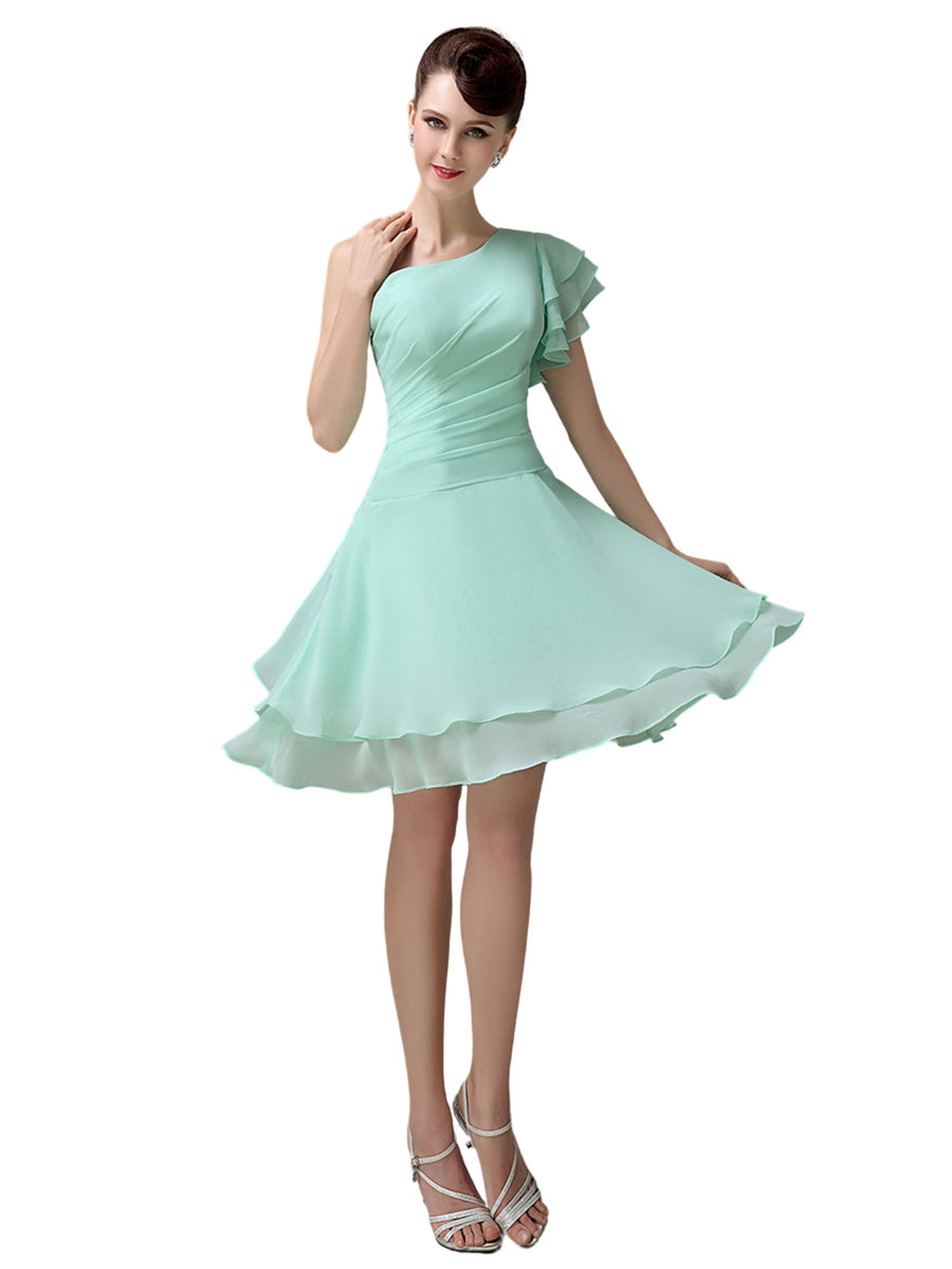 Popular A-line Chiffon One Shoulder Ruffle Sleeves Short Bridesmaid Dresses