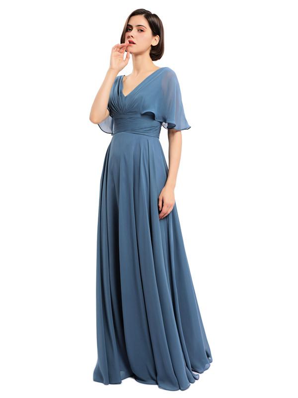 Elegant V-neck Cap Sleeves Sleeves Chiffon Long Bridesmaid Dresses