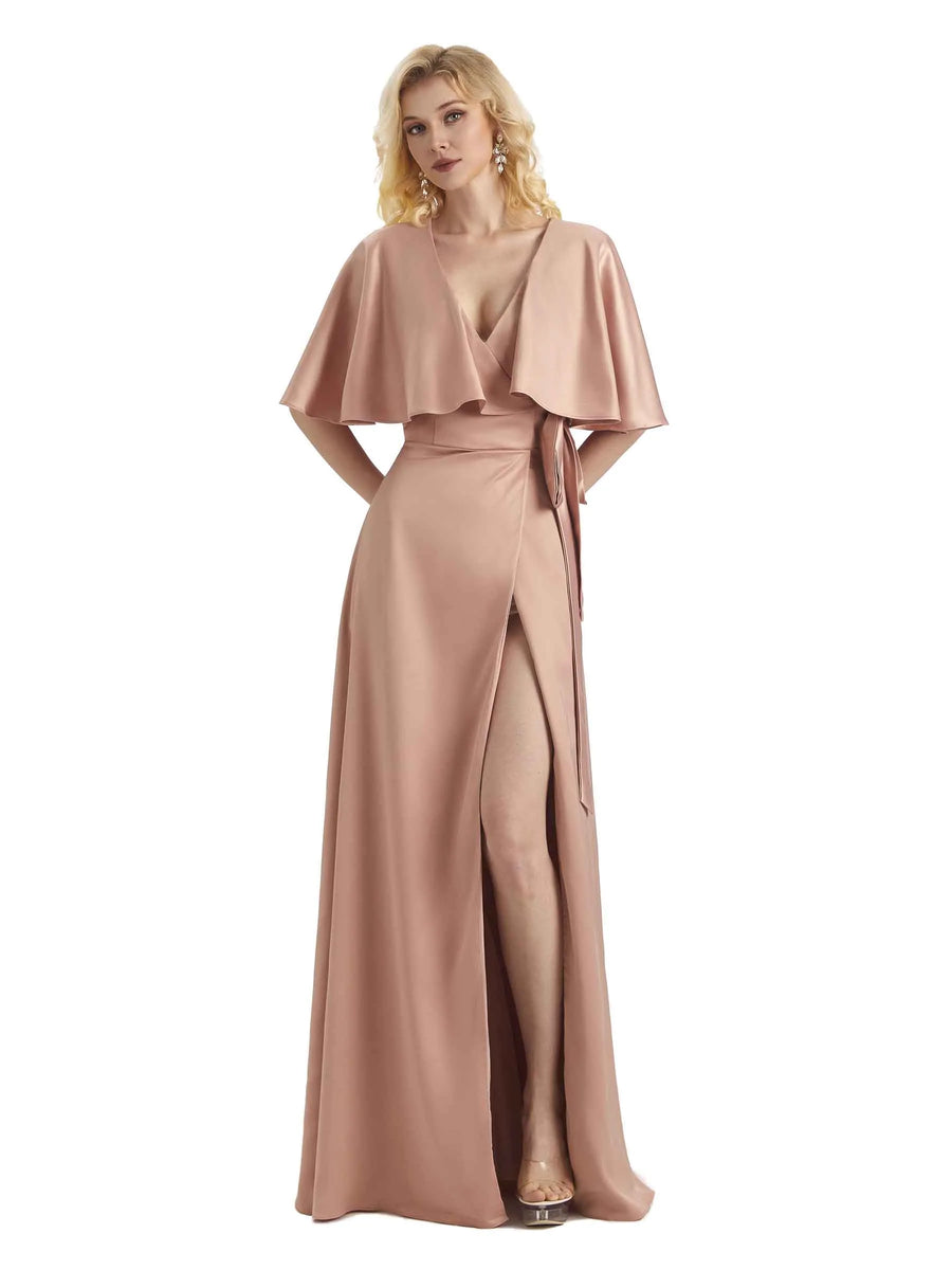 Unique Soft Satin Side Bat Sleeves Long Formal Prom Dresses Online