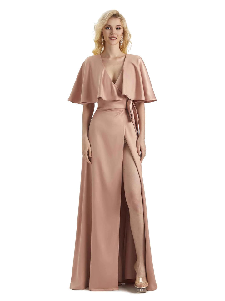 Unique Soft Satin Side Bat Sleeves Long Formal Prom Dresses Online