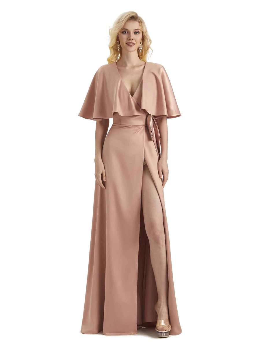 Unique Soft Satin Side Bat Sleeves Long Formal Prom Dresses Online