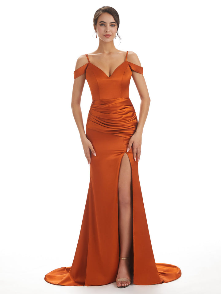 Sexy Cold Shoulder Soft Satin Side Split Long Mermaid Bridesmaid Dresses