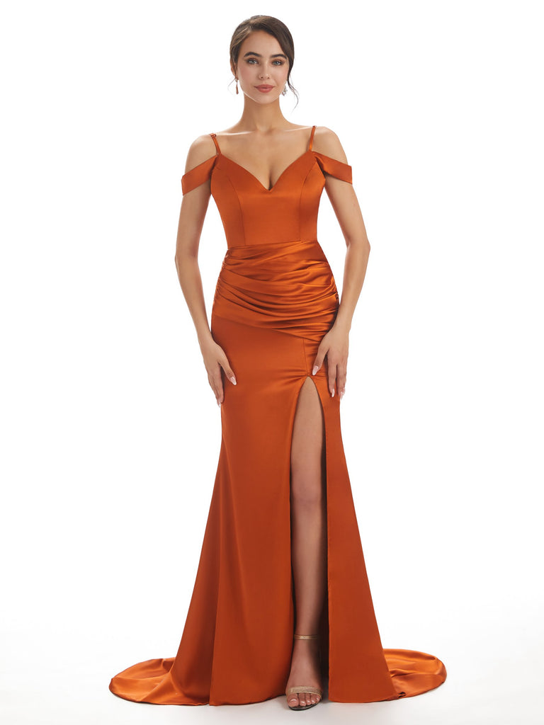 Off-the-shoulder Corset Stretch Satin Mermaid Bridesmaid Dress With Slight  Train In Cognac