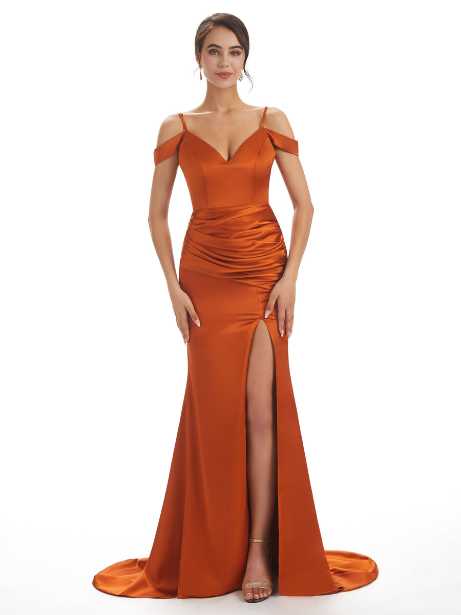 Sexy Cold Shoulder Soft Satin Side Split Long Mermaid Bridesmaid Dresses For Wedding