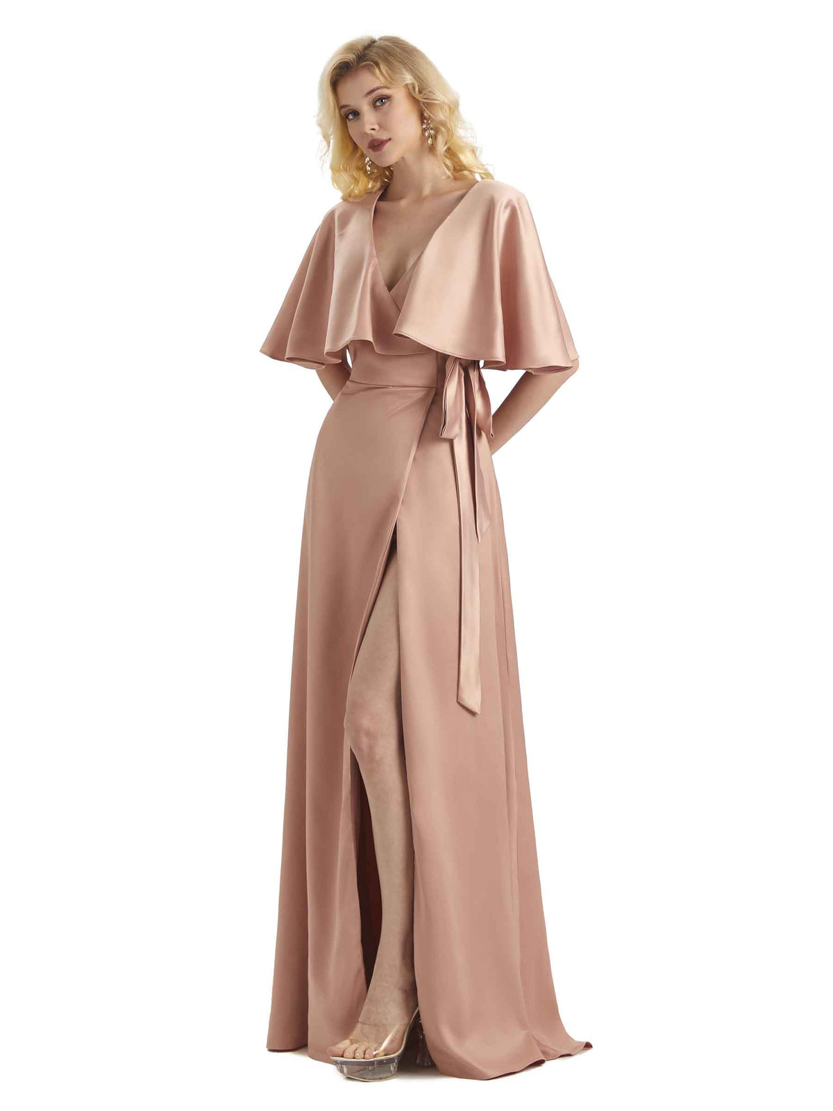 Unique Soft Satin Side Bat Sleeves Long Maid Of Honor Dresses Online