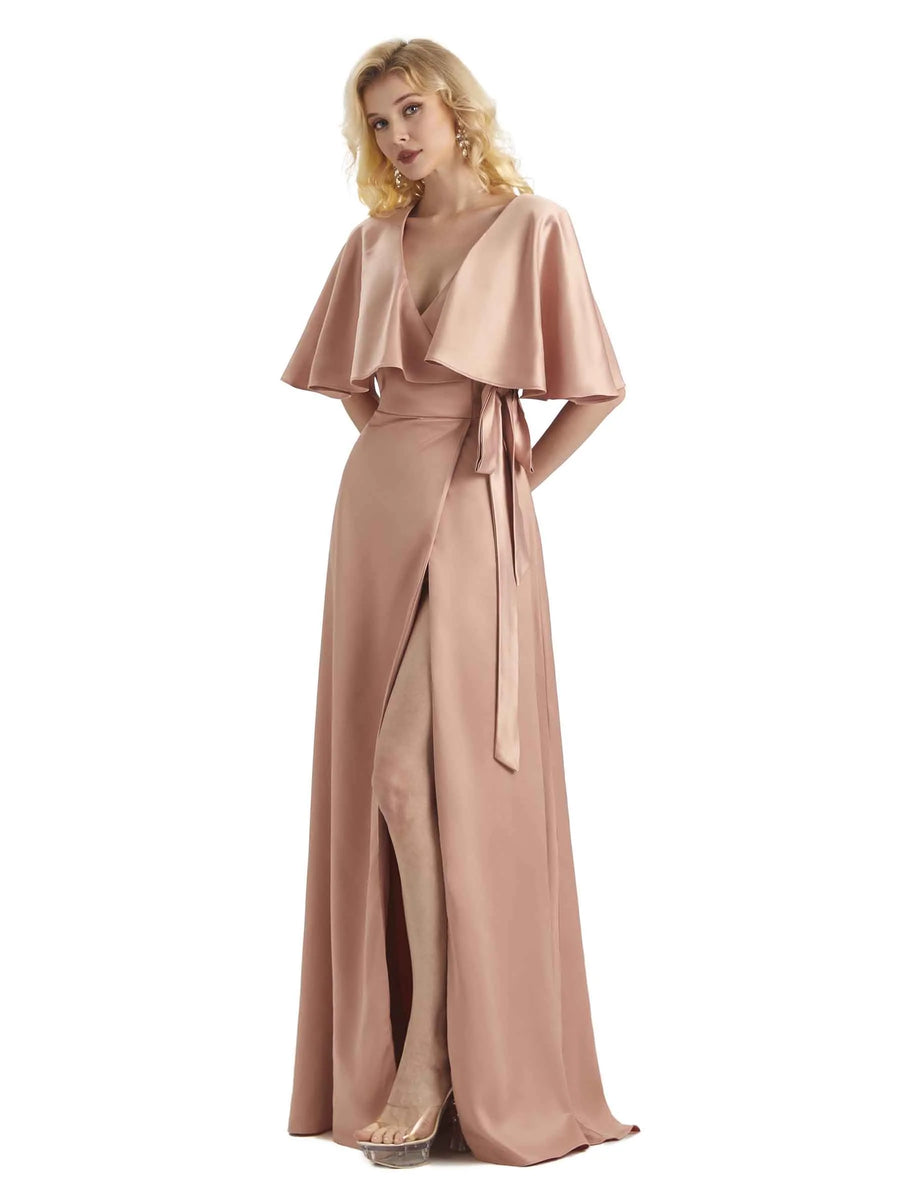 Unique Soft Satin Side Bat Sleeves Long Formal Prom Dresses Online