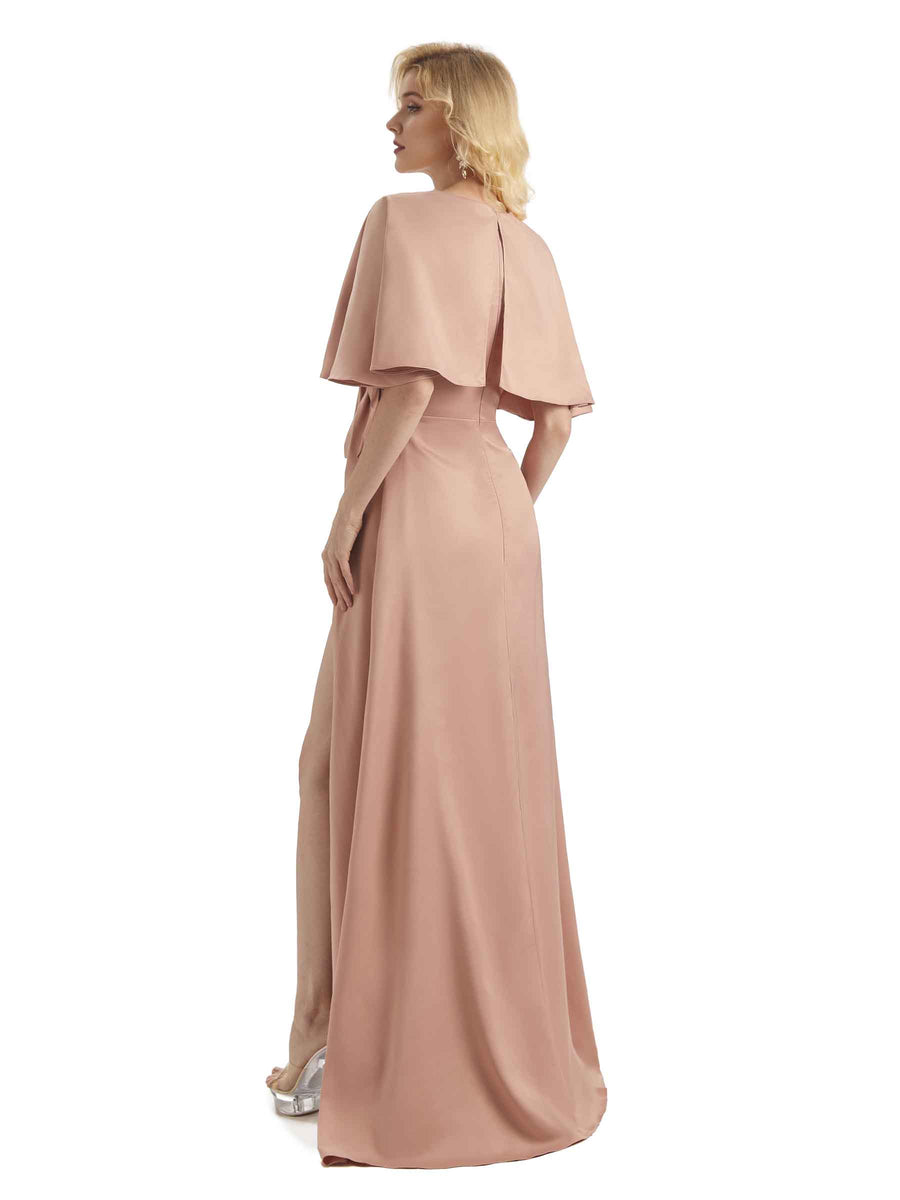Unique Soft Satin Side Bat Sleeves Long Maid Of Honor Dresses Online