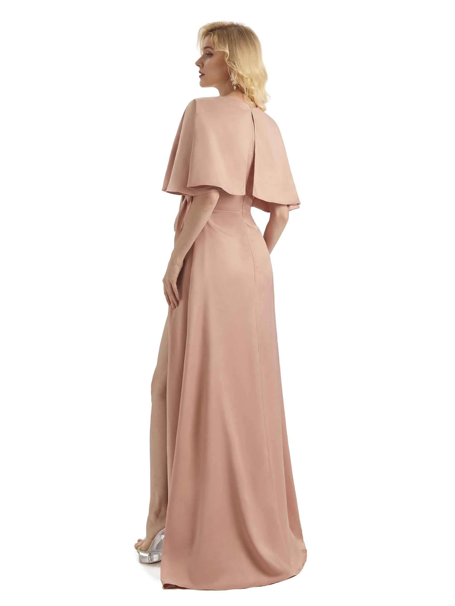 Unique Soft Satin Side Bat Sleeves Long Formal Prom Dresses Online