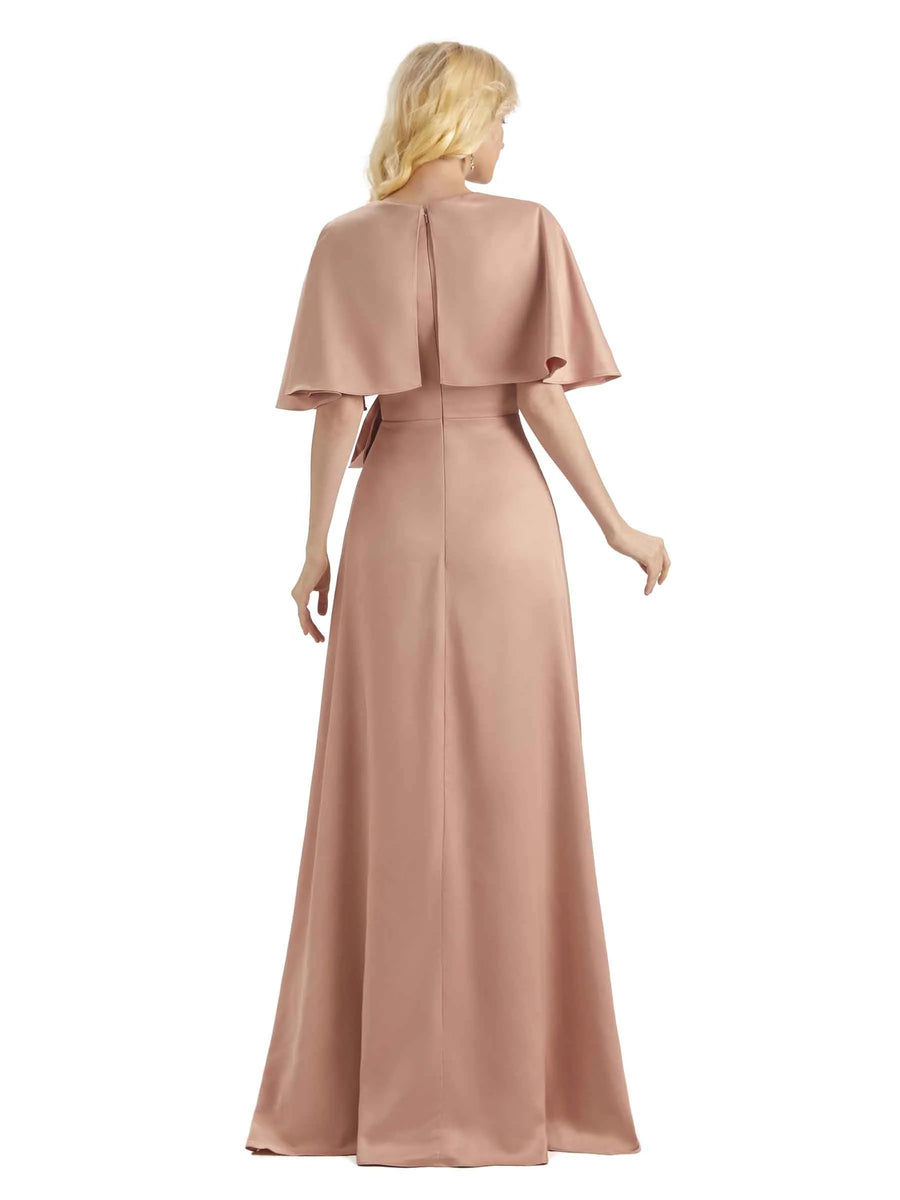 Unique Soft Satin Side Bat Sleeves Long Formal Prom Dresses Online