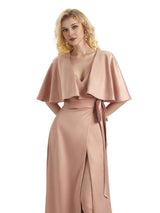 Unique Soft Satin Side Bat Sleeves Long Maid Of Honor Dresses Online