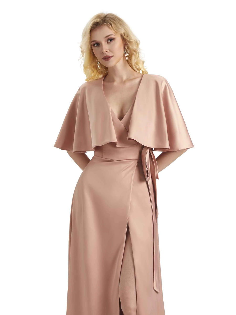 Unique Soft Satin Side Bat Sleeves Long Formal Prom Dresses Online