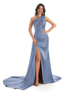 Mismatched Dusty-Blue Sexy Side Slit Mermaid Soft Satin Long Bridesmaid Dresses Online