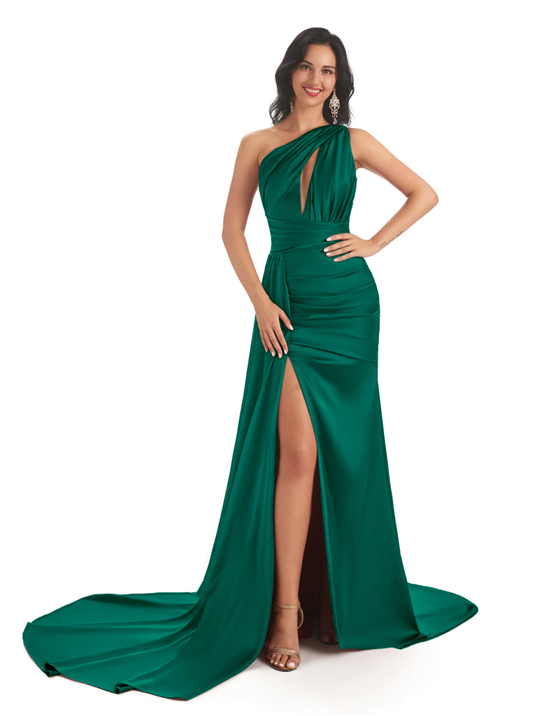 Mismatched Emerald Green Sexy Side Slit Mermaid Soft Satin Long Bridesmaid Dresses Online