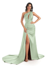 Mismatched Sage Sexy Side Slit Mermaid Soft Satin Long Bridesmaid Dresses Online