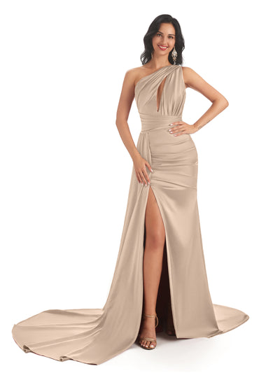 Sexy Soft Satin Side Slit One Shoulder Mermaid Long Wedding Bridesmaid Dresses