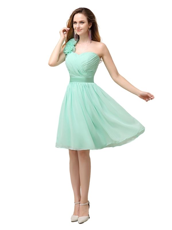 A-line Chiffon One Shoulder Knee-Length Short Bridesmaid Dresses