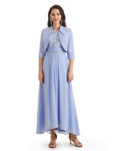 Elegant A-line Chiffon Jewel Half Sleeve Long Mother Of The Bride Dresses With Jacket