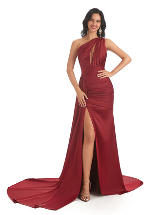 Sexy Soft Satin Side Slit One Shoulder Unique Mermaid Long Formal Prom Dresses Sale